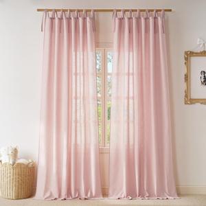 NICETOWN Thick Linen Semi Sheer Pink Curtains for Girls Room, Adjustable DIY Tie Top Light Filtering Curtains Privacy Linen Burlap Drapes for Bedroom/Princess Room, W52 x L96, 2 Panels