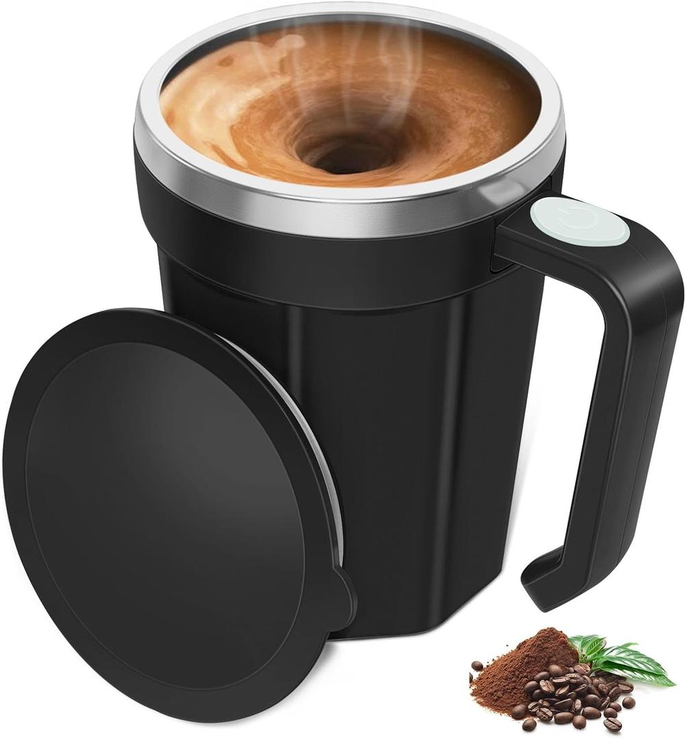Self Stirring Coffee Mug, 18 oz Self Stirring Mug with Lid, Self Stirring Cup with Stainless Steel for Coffee, Milk and Beverages at Office, Home, Travel, Camping, 1 Pack - Black
