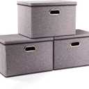 3 Pack Collapsible storage bins with lid. Foldable Storage bins for shelves, closet, office bedroom, or nursery. Containers made with linen fabric and stainless steel handles for organizing.