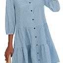 CCTOO Women's Summer Dresses Casual V Neck Button Down 3/4 Sleeve Floral Print Loose Flowy Shirt Dress (Gray Blue, Medium)