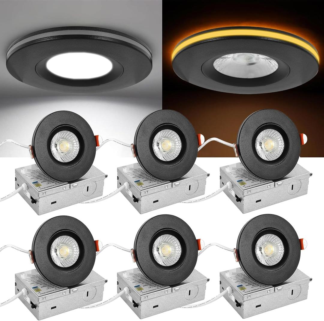 Wembanma 3 Inch Gimbal LED Recessed Light, 8W CRI90 Indoor Spotlight, 360 Rotation Wafter Light 750LM, 5CCT Dimmable Canless Soffit Ceiling Eyeball Lighting FixtureETL Listed, Black, 6 Pack