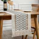 Table Runner Linear End, Boho Style with Tassels, Cotton & Linen, Farmhouse Home Decor for Living Room Dresser Scarfs (12x60Inch, Black & Beige)