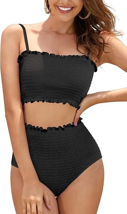 SHEKINI Women's Bikini Sets Shirred Bandeau Bikini Top High Waist Bathing Suit Removable Straps Two Piece Swimsuit XXL