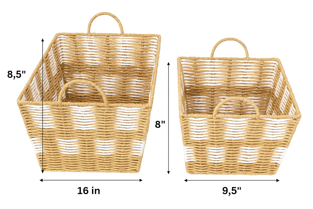 Basket Set of 2 – Woven Storage Baskets with Handles, Natural and White – Sizes 11.5x16x8.5 in & 9.5x14x8 in
