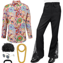 6 Pcs Men's 70s 80s Disco Outfit Costume Dance Bell Bottom Pants Retro Shirts Moustache Sunglasses Wigs Necklace L