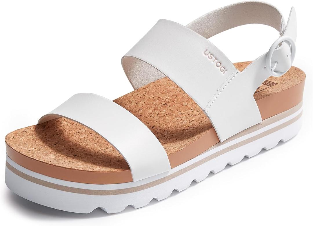 Women's Platform Sandals Arch Support Beach Slides for Woman Orthotic Summer Causal Cork Footbed Adjustable Buckle Elastic Band Cushion Cute Flatform sandalias de mujer (7.5, White)