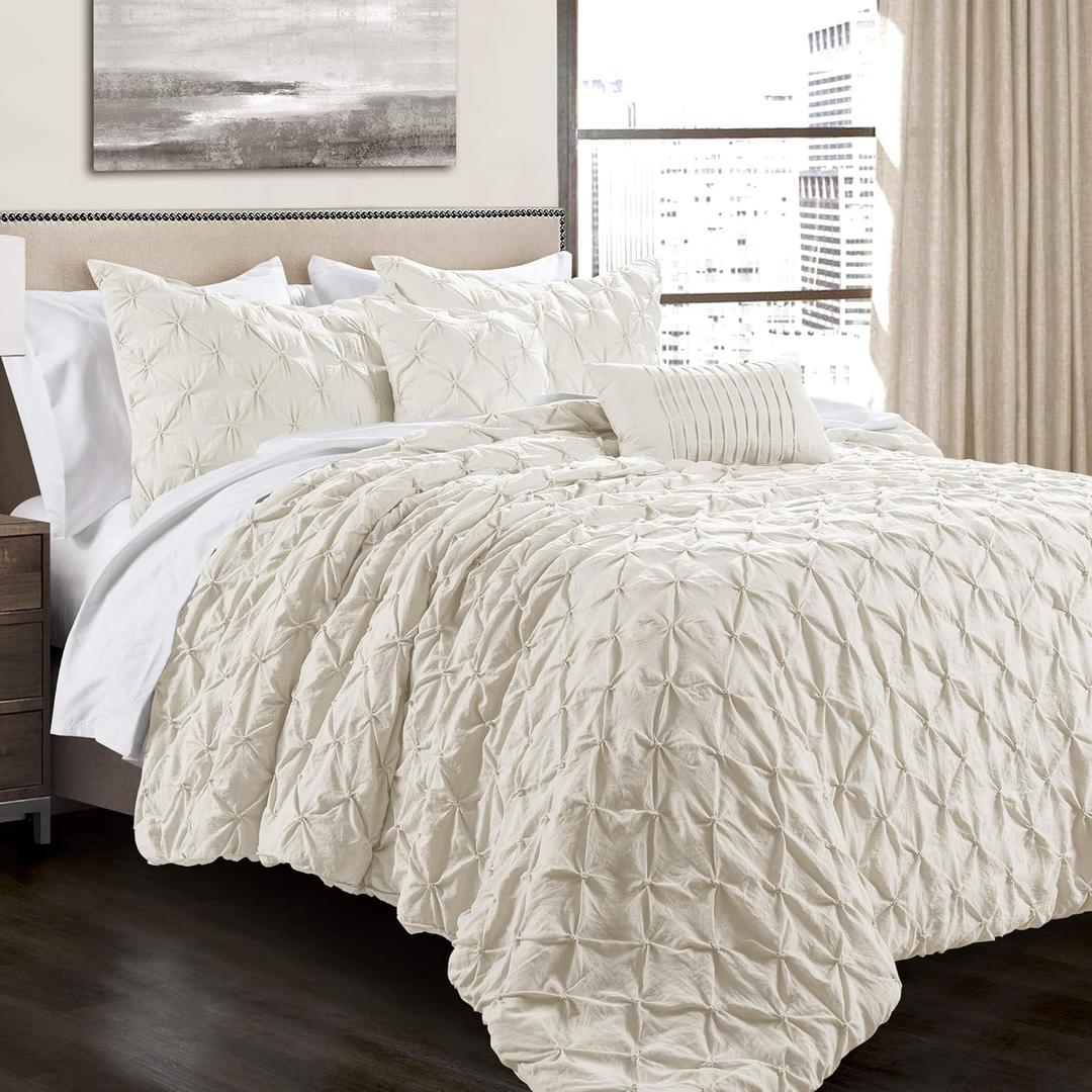 Lush Decor Ravello Pintuck Comforter Set - Luxe 5 Piece Textured Bedding Set - Traditional Glam & Farmhouse Inspired Bedroom Decor - King, Ivory