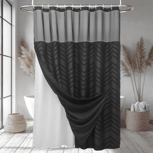 Boho Black Shower Curtain with Snap in Liner Replacement Fabric Shower Curtain 71 x 72 Waterproof & Washable Mesh Top Window Modern Western Tufted Chevron Textured Striped for Bathroom Hotel