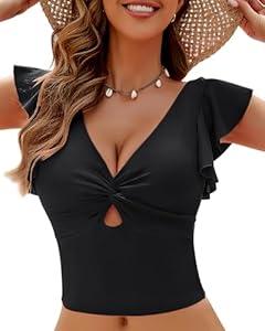 GRAPENT Tankini Tops for Women Swimwear Top Only Ruffle Bathing Suit Cut Out Long Bikini Tops Swimsuit Beach Resort Wear (X-Large, Iceberg Green)