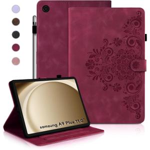 Case for Galaxy Tab A9+ Case 11 Inch, Retro Samsung Galaxy Tab A9 Plus Cover SM-X210/215 with Carved Flap, Magnetic Buckles Design, Stand Function WineRed