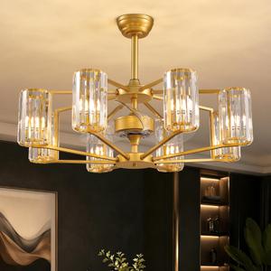 MOOONICHE 36" Large Crystal Fandelier Dimmable 6-Light Vintage Flush Mounted Chandelier Ceiling Fan Gold Ceiling Fans with Lights and Remote for Dining Living Room Kitchen