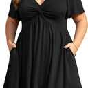 Manllenshie Womens Plus Size Summer Dress Casual Short Sleeves Deep V Neck Twist Knot Front Flowy Dress with Pockets (Black, XXL)