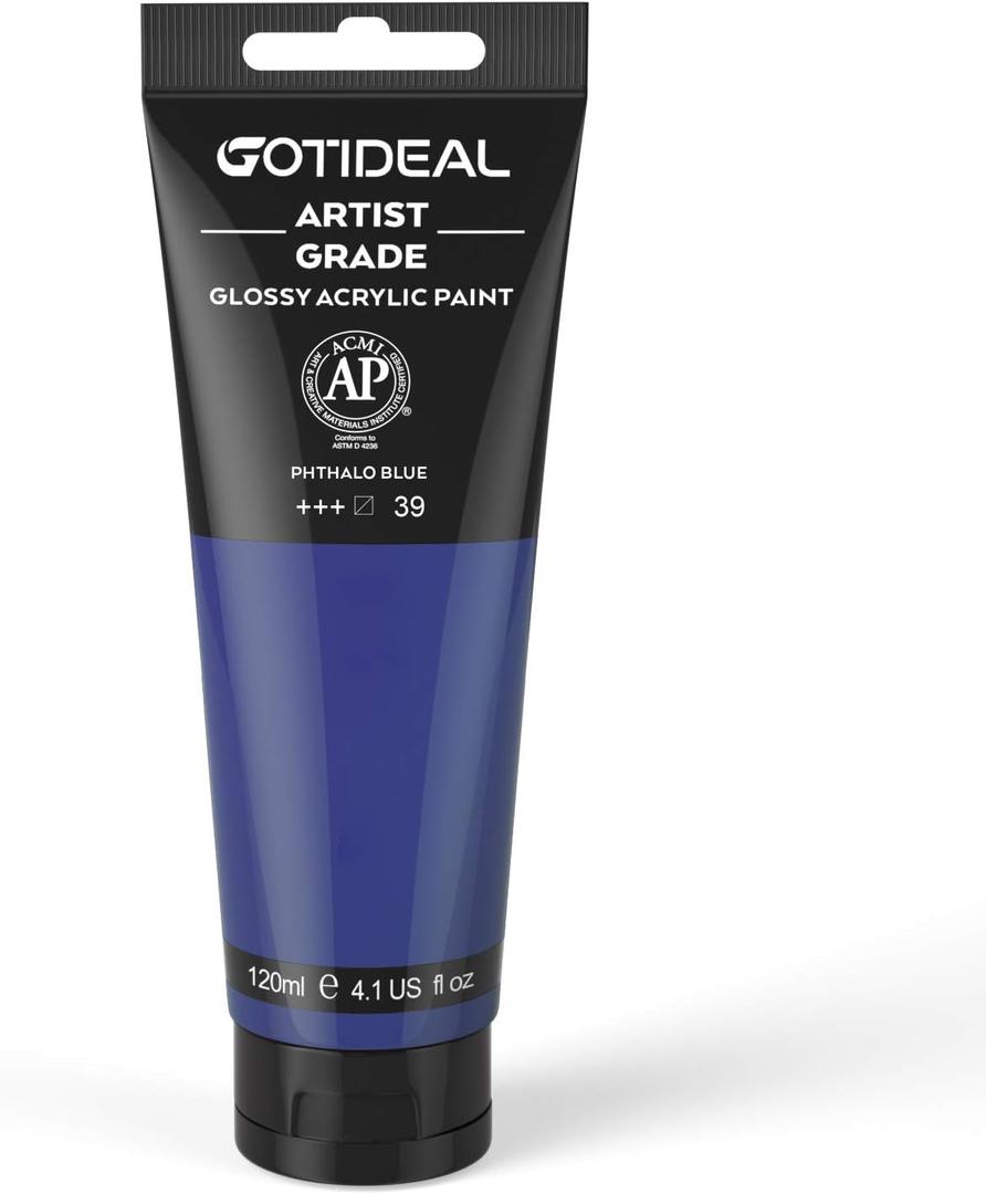 GOTIDEAL Acrylic Paint Phthalo Blue Tubes(120ml, 4.1 oz) Non Toxic Non Fading,Rich Pigments for Painters, Adults & Kids, Ideal for Canvas Wood Clay Fabric Ceramic Craft Supplies (Phthalo Blue)