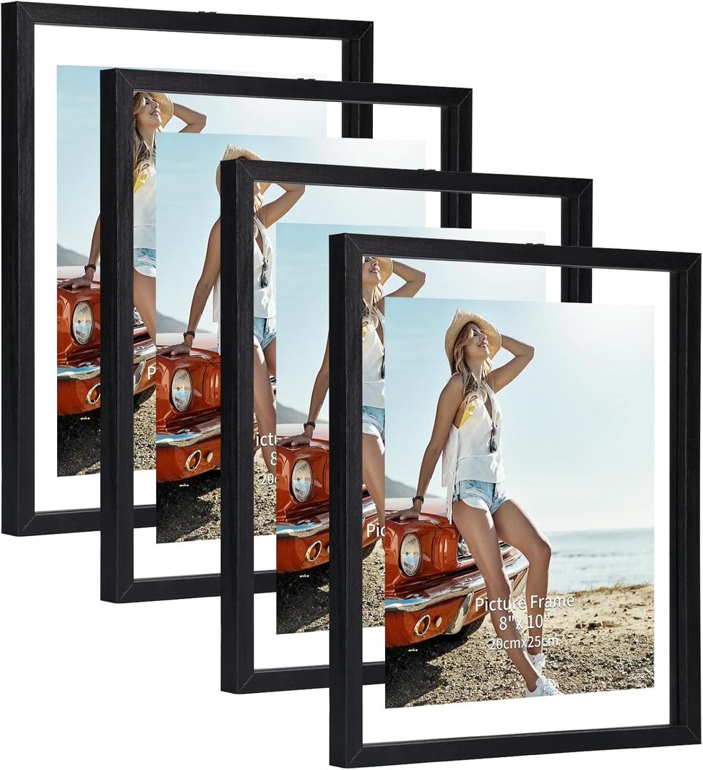 Trwcrt 4 Pack 8x10 Floating Picture Frame, Double Glass Picture Frames Display up to 10 x 12 photos for Desktop or Wall Hanging, Black