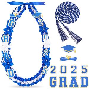 Graduation Ribbon Lei Class of 2025 Grad Lei Kit Graduation Double Braided Necklace with Honor Cord for Graduate Women Men High School College Grad Party Supplies(Blue, White)