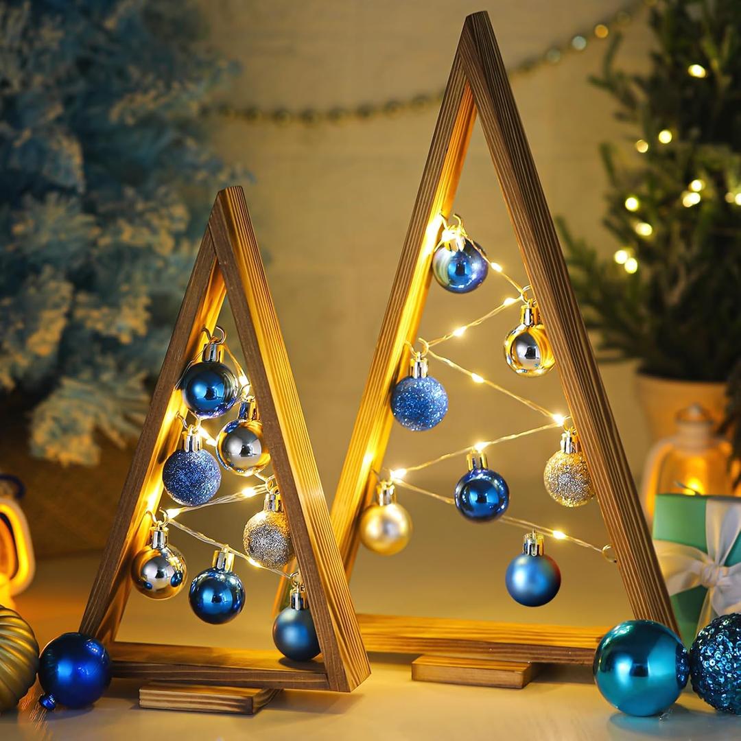 Hungdao 2 Pack Wooden Christmas Tree with Lights and Balls Modern Farmhouse Christmas Table Centerpiece Tabletop Decor for Winter Fireplace Mantle Shelf Home Decor(Blue, Silver)