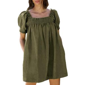 Huaqiao Womens Summer Mini Dress 2026 A-Line Square Neck Puff Sleeve Beach Sundress Casual Short Dress with Pockets (Green-L)
