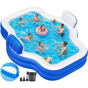 Inflatable Swimming Pool with Seat Pump, 121" X 90" X 22" Blow-Up Pool for Kids Adults Oversized Thickened Kiddie Pool Family Full Sized Inflatable Pools for Garden, Backyard, Outdoor Water Party