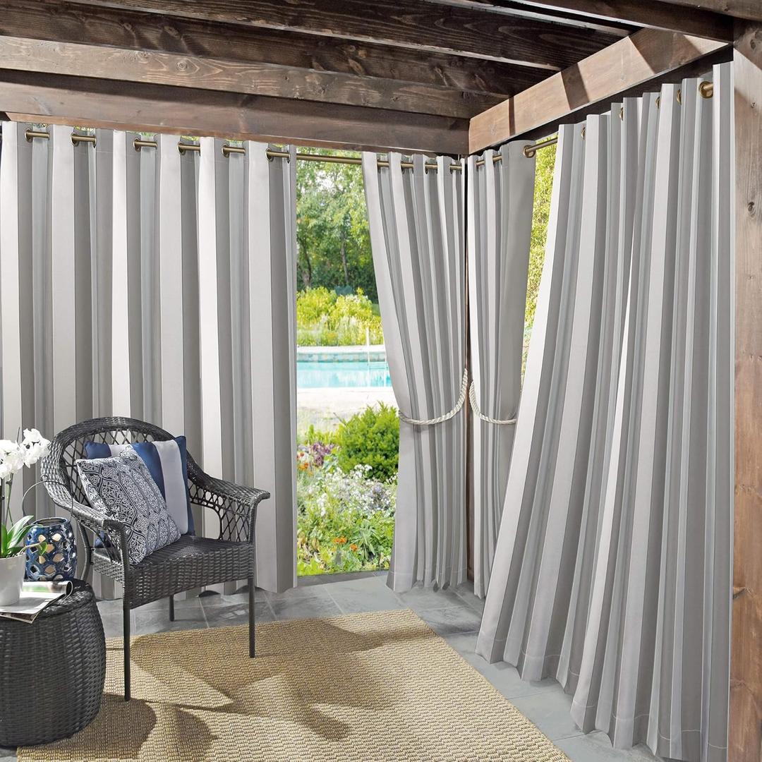 Sun Zero Valencia Cabana Stripe Indoor/Outdoor UV Protectant Energy Efficient Grommet Curtain Panel (54"W x 108"L (Pack of 1), Grey)