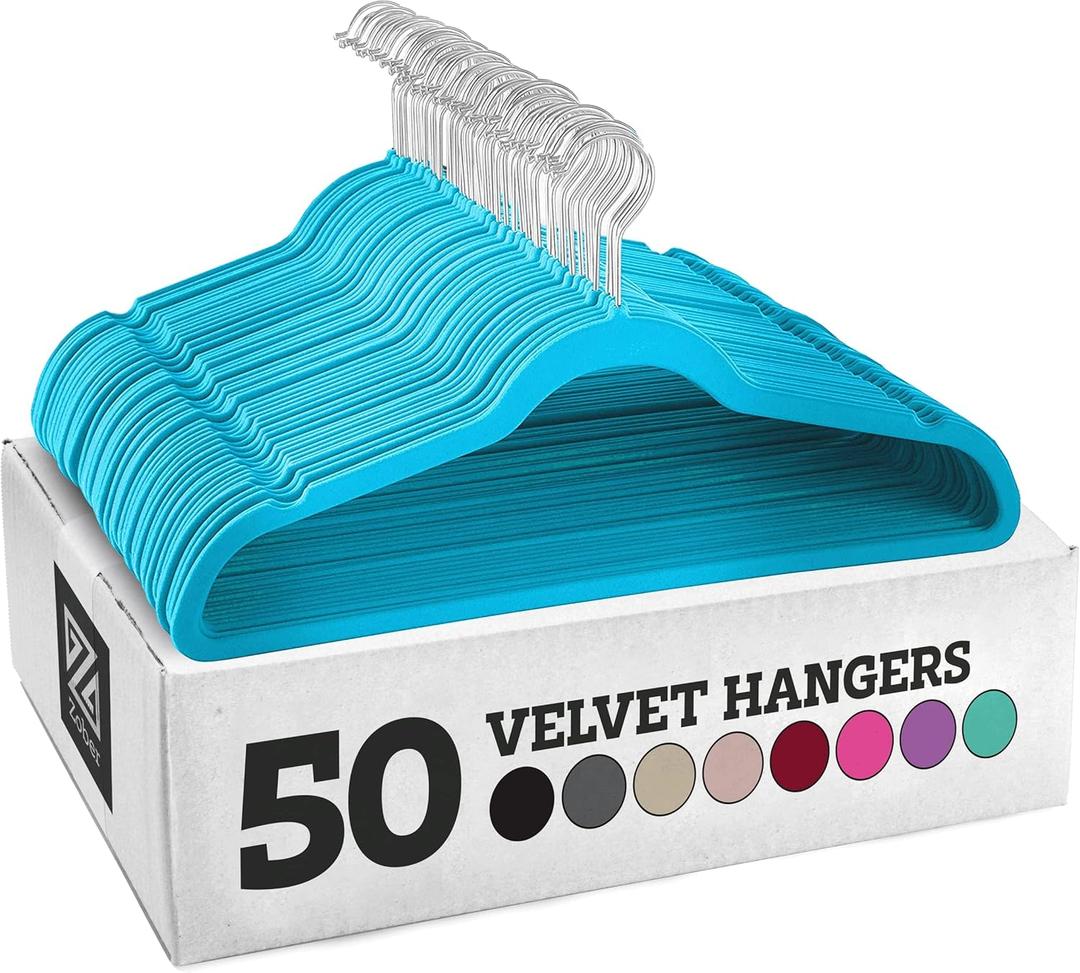 Zober Velvet Hangers 50 Pack - Heavy Duty Hangers for Coats, Pants & Dress Clothes - Non Slip Clothes Hanger Set - Space Saving Felt Hanger for Clothing (Turquoise)