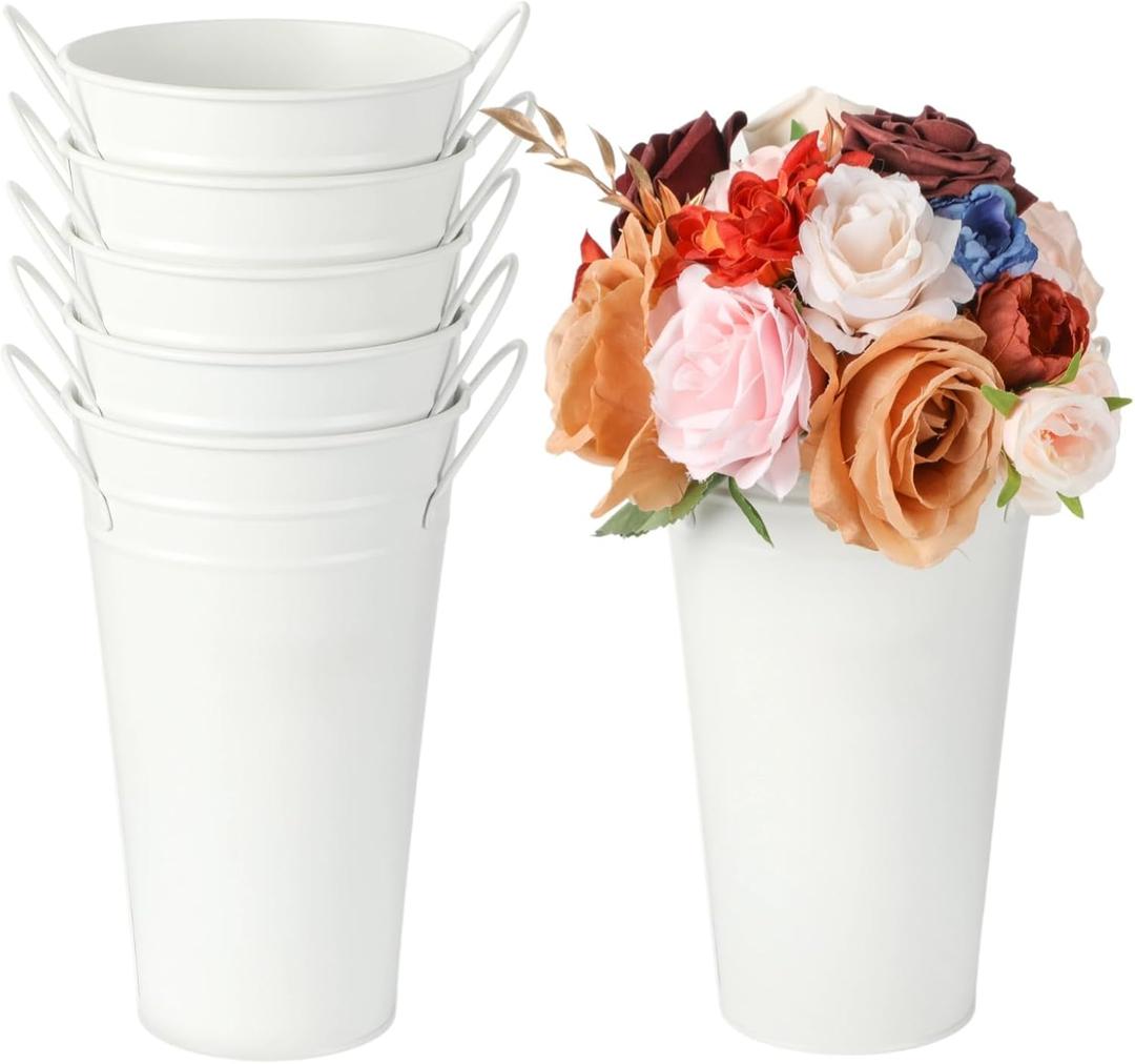 6 Pcs White Flower Buckets, Galvanized Metal Vases,7.9 Inches Flower Vase with Handles, French Flower BucketRustic Farmhouse Vases for Home Decor Wedding Table Centerpiece