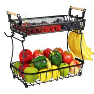 ANTOPY 2 Tier Fruit Basket with 2 Banana Hangers, Countertop Fruit Vegetable Basket Bowl for Kitchen Counter Metal Mesh Basket Fruits Stand Produce Holder Organizer for Onion Potato Bread Snack Veggie