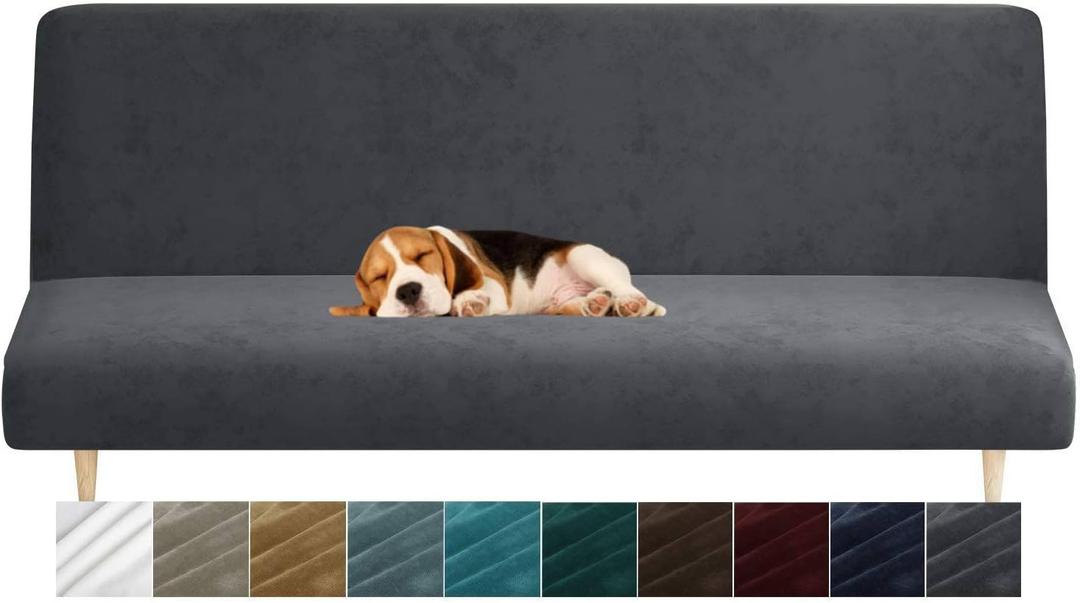 MAXIJIN Velvet Futon Cover Full Size Stretch Futon Mattress Cover Thick Soft Armless Sofa Bed Slipcover Plush Couch Furniture Protector with Elastic Bottom, Machine Washable (Gray)