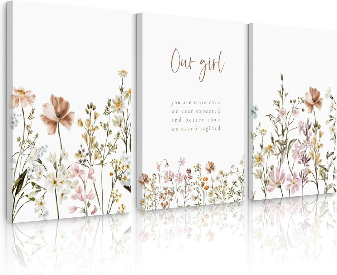 Lhoiplme Wildflower Nursery Wall Art Decor Baby Girl Room Canvas Pictures Boho Floral Nursery Wall Decor Botanical Print Pink Flower Painting for Bedroom 12x16x3 Inch Wrapped Canvas