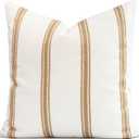 Crumbs Home Modern Farmhouse Fall Linen Indoor Outdoor Throw Pillow Cover Only, 20"x20" Water Repellent for Patio, Backyard, Couch, Neutral Ivory Cream Embroidered Stripes