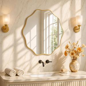 Gold Scalloped Mirror, 24'' Round Wall Mirrors Wavy Wood Framed for Bathroom Nursery Bedroom Living Room Entryway, Decorative Modern Wall Decor