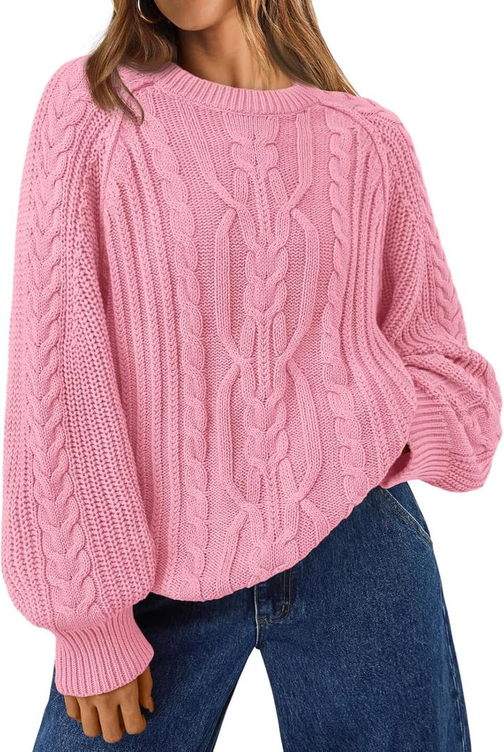 Trendy Queen Women's Oversized Cable Knit Crewneck Fall Pullover Sweaters (Medium, Pink)