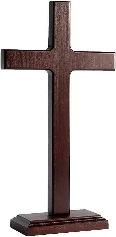 KUXBET Wooden Wall Cross with Stand for Hanging or Standing 12.5 Inch Jesus Christ Catholic Wood Crafted Cross for Wall Decoration Table Home Decor