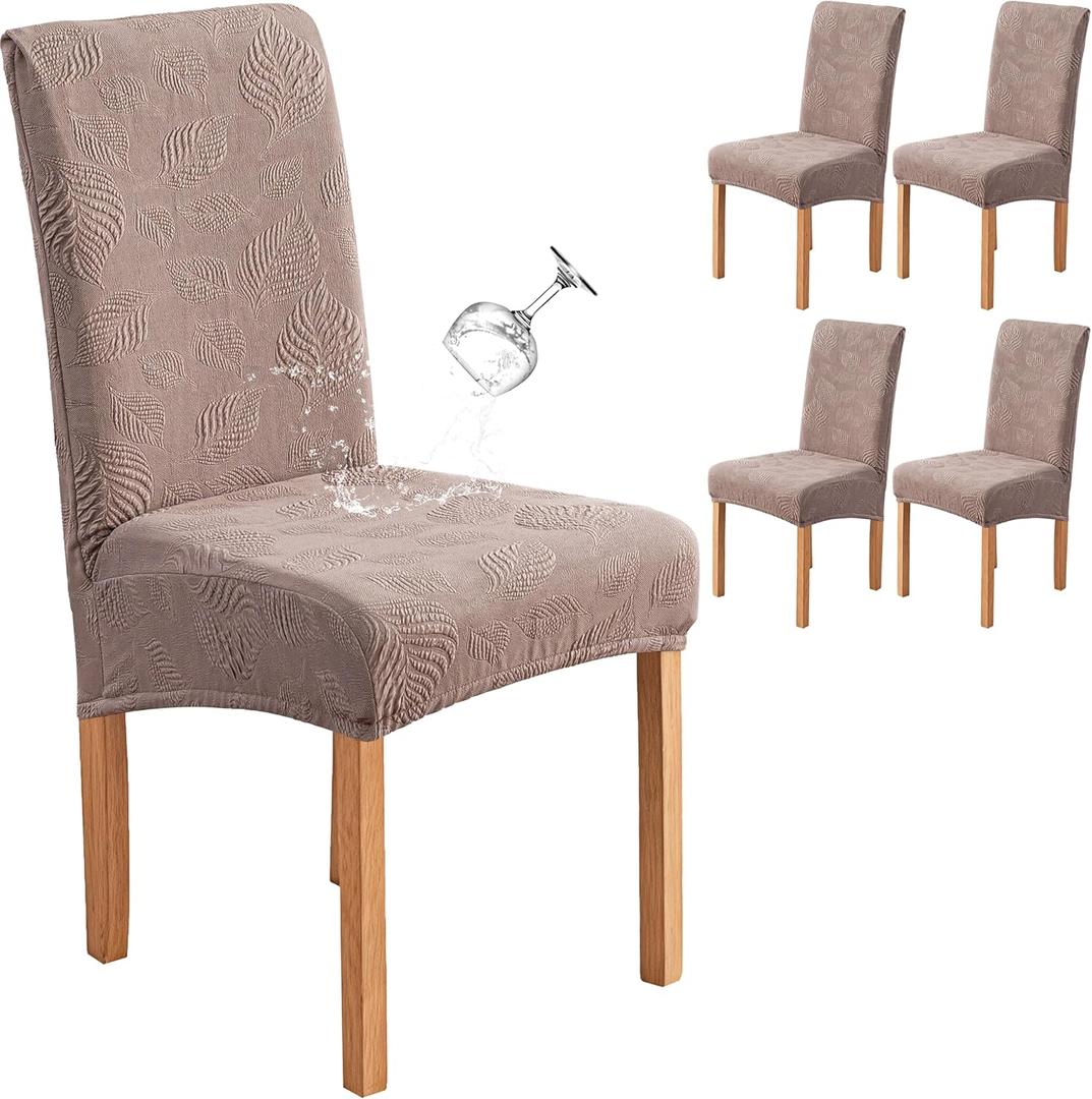 Genina Waterproof Dining Chair Covers Set of 4,Stretch Dining Room Chair Slipcovers with Leaf Jacquard,Removable Kitchen Chair Protector for Home,Restaurant,Banquet-Taupe,Large Size