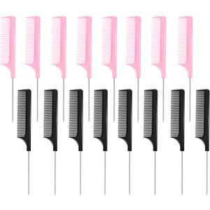 16 Pcs Rat Tail Comb Parting Rattail Comb Foiling Steel Pin Fine Tooth Fiber Heat Resistant Teasing Pintail Combs Women(Black and Pink)
