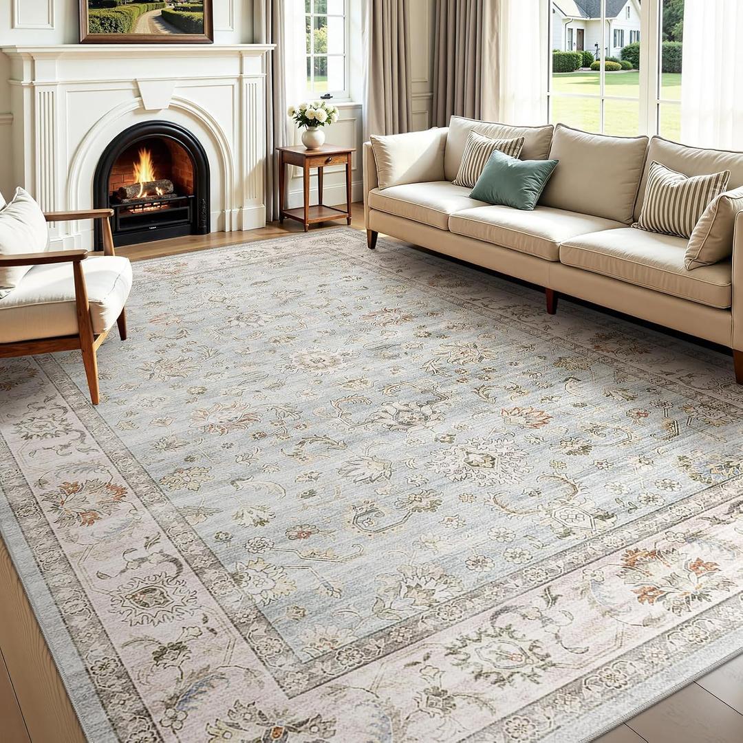 WITSHOCK 8x10 Area Rugs for Living Room: Machine Washable Non Slip Vintage Carpet - Low Pile Lightweight Print Rug for Bedroom Dining Room Kitchen Table - Stain Resistant for Household (Light Blue)