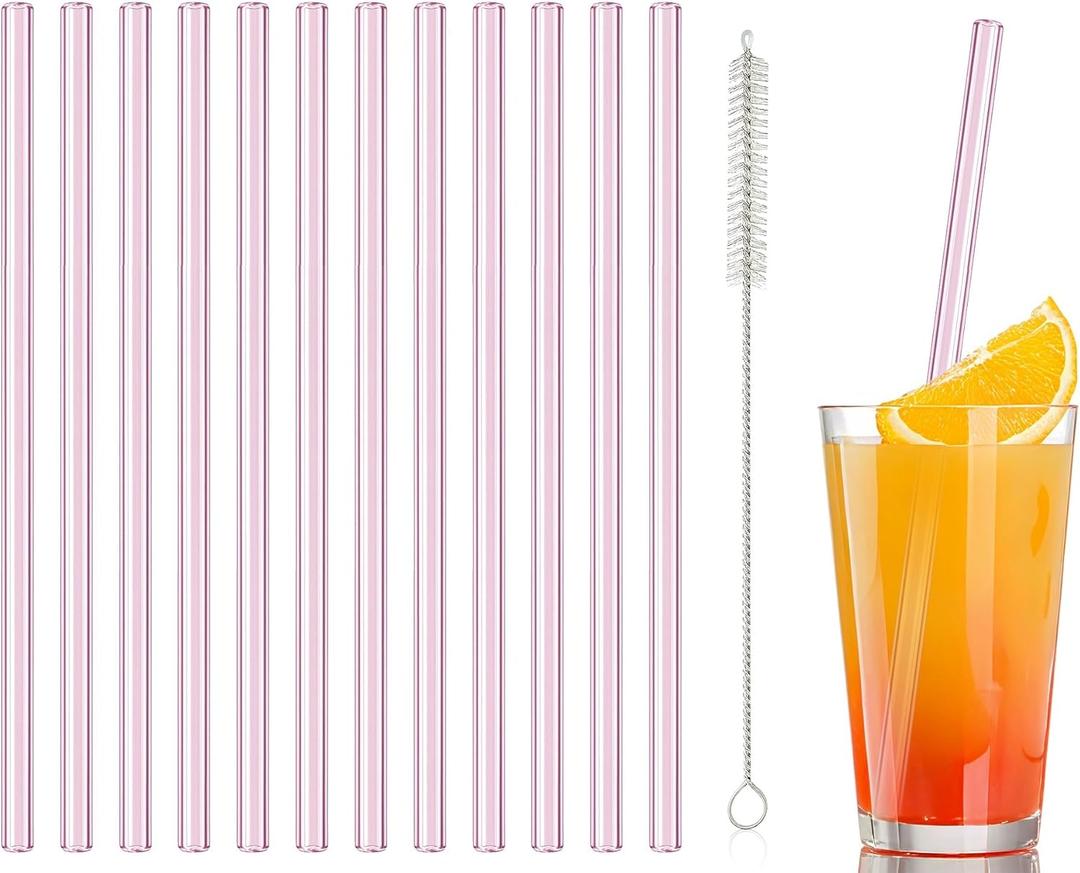12 Pcs Reusable straight Glass Straws,8"x 8 mm Pink Short Glass Drinking Straws with 2Pcs Cleaning Brush,Shatter Resistant for Tea, Smoothies, Milkshakes, Juices,Beverages(Pink)