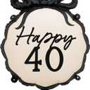 PartyDeco Happy 40th Birthday Balloon 18.5 x 17.5 Inch, 40th Birthday Decorations for Women Cream and Black Balloons with Bow Anniversary Party Decorations for Women