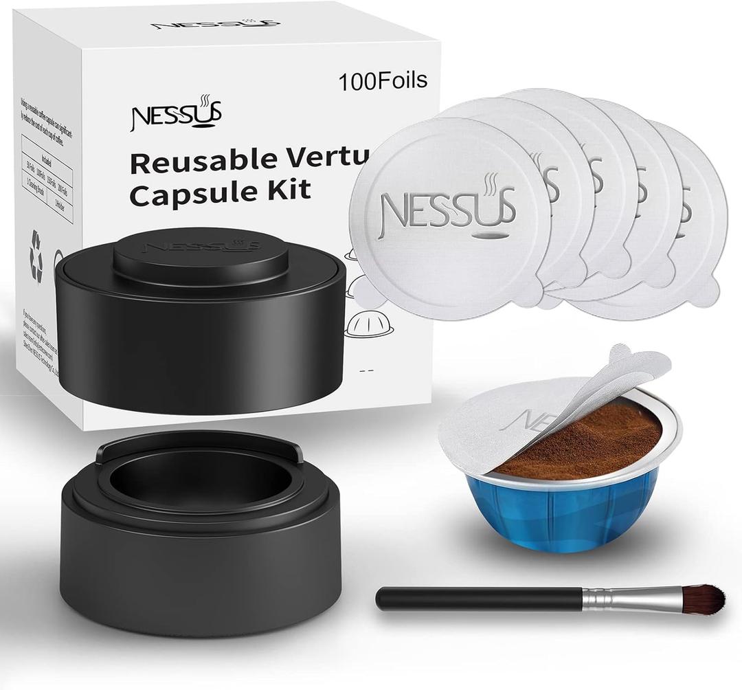 Nessus Reusable Vertuo Capsule Kit, [ALSeal EZ FIT] for Reusable Nespresso Pods with 100 Pcs Aluminum Foil Seal Lids, Holder, Brush, for Refilling Nespresso Vertuo Pods Reusable Vertuoline Pod (1 Holder + 100 Foils + 1 Brush, Black)