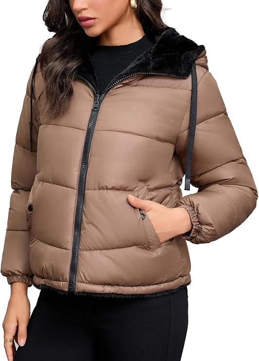 Women's Heavyweight Quilted Puffer Jacket Warm Sherpa Lined Reversible Winter Short Coat for Winter, Size XL