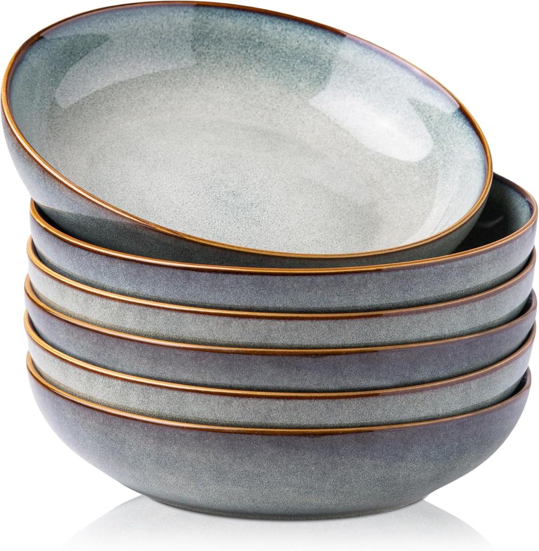 AmorArc 8.5'' Large Pasta Bowls, 36oz Ceramic Pasta Serving Bowls Set of 6 for Kitchen, Wide Bowls for Pasta,Salad,Oatmeal, Microwave Safe, Ocean Blue