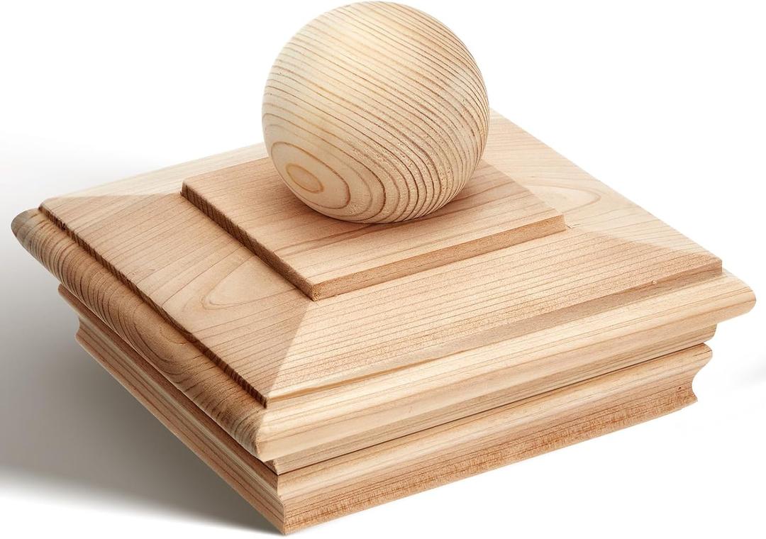 Hosuly 1 Pcs 6"x 6" Wood Post Caps with Ball Finial, Rot Resistant Cedar Newel Post Cap for Outdoor Fence & Deck