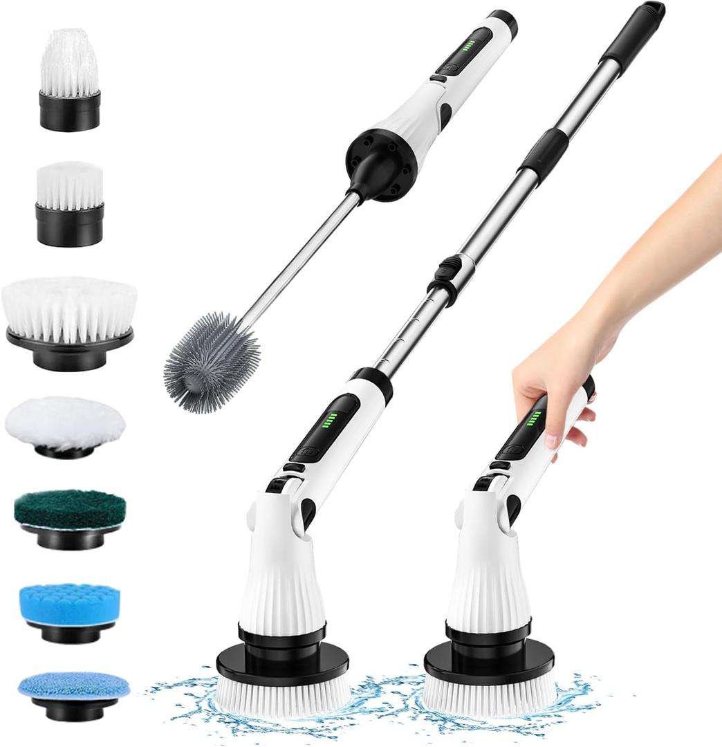 Leebein Electric Spin Scrubber, Electric Cleaning Brush with 8 Replaceable Brush Heads, Long Handle Toilet Scrub Brush, 4 Angles Adjustable Cordless Spin Scrubber for Bathroom, Tub, Tile, Toilet
