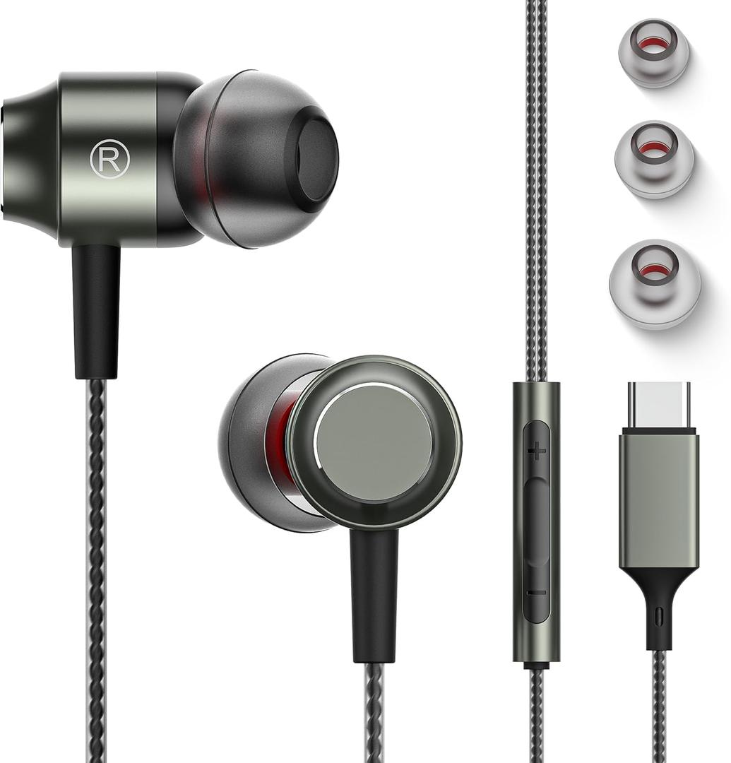 USB C Headphones for Samsung Galaxy S25 S24 S23 FE S22 S21 A53, Wired Earbuds in-Ear Type C Earphones with Microphone Volume Control Bass Stereo Noise Isolating for iPhone 16 15 Pro Max Pixel 6 7 8 5