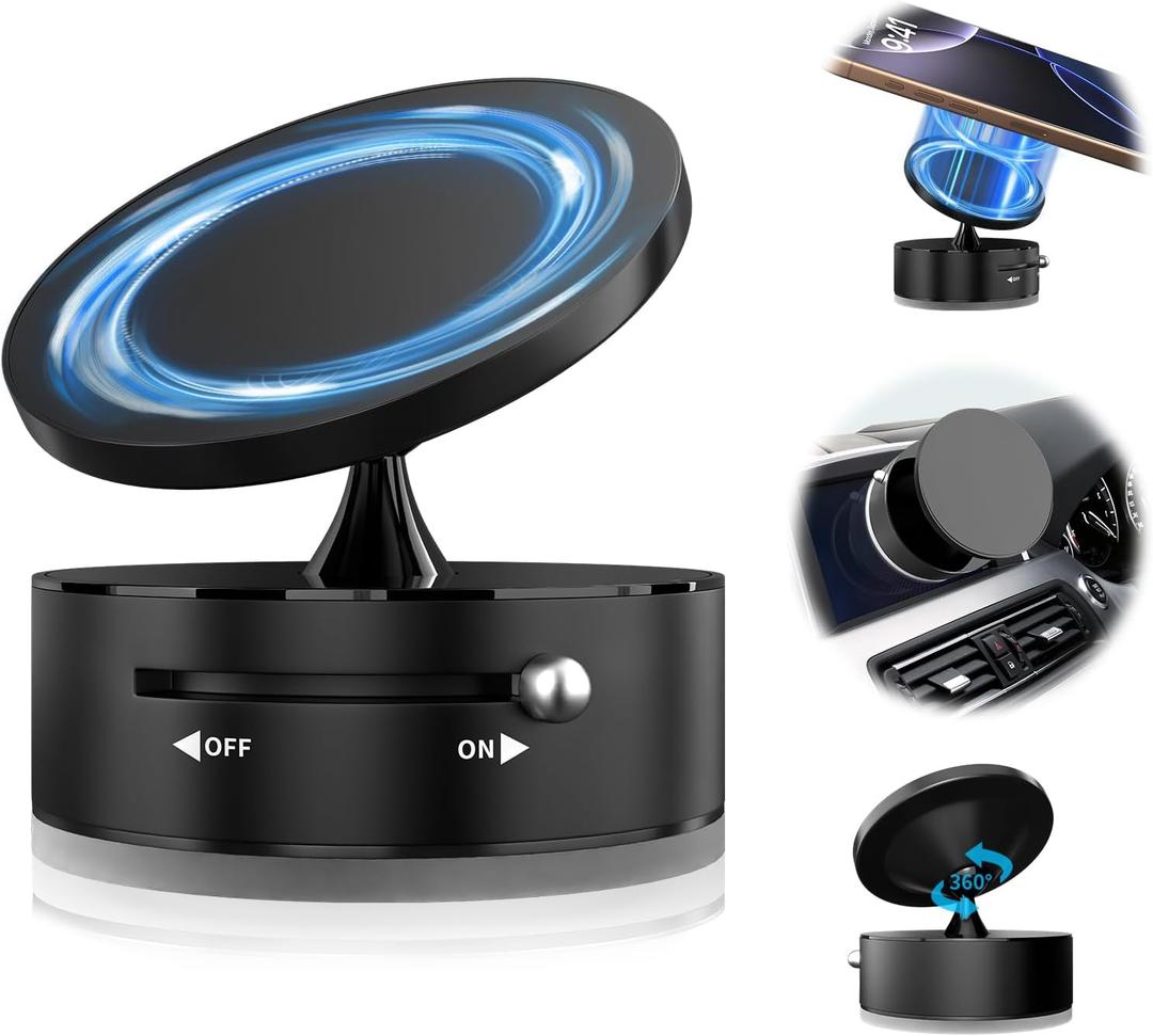 2 x 360 Rotatable Vacuum Magnetic Phone Holder for Car, One-Hand Operation Suction Phone Mount, Strong Magnetic Car Phone Stand for iPhone, All Smartphones (Gym/Airplane/Gym/Desktop/Any Surface) (Black)