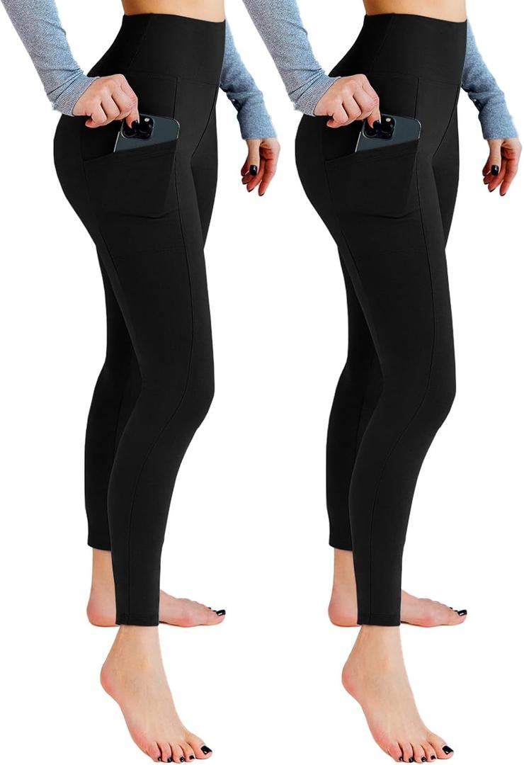 Leafigure 2 Pack Leggings with Pockets for Women, High Waisted Soft Leggings for Yoga Gym (XX-Large, Black)