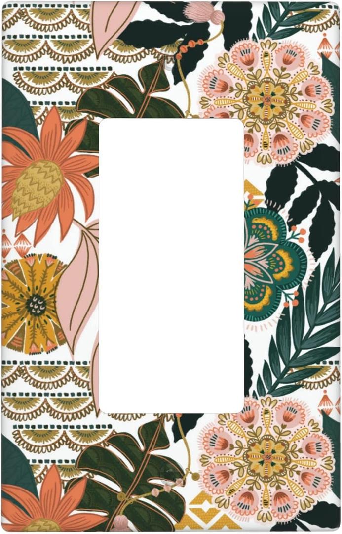Mid Century Boho Floral Light Switch Cover 1 Gang Wall Plate Single Decorator Rocker Switch Plate Covers, Tropical Leaves Decorative Outlet Cover, 4.50 x 2.76 Inch