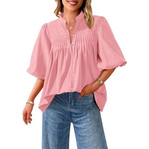 PRETTYGARDEN Women's 2025 Summer Short Lantern Sleeve Tops Loose Fit Button Down Shirt Casual Pleated V Neck Blouses (Large, Pink)