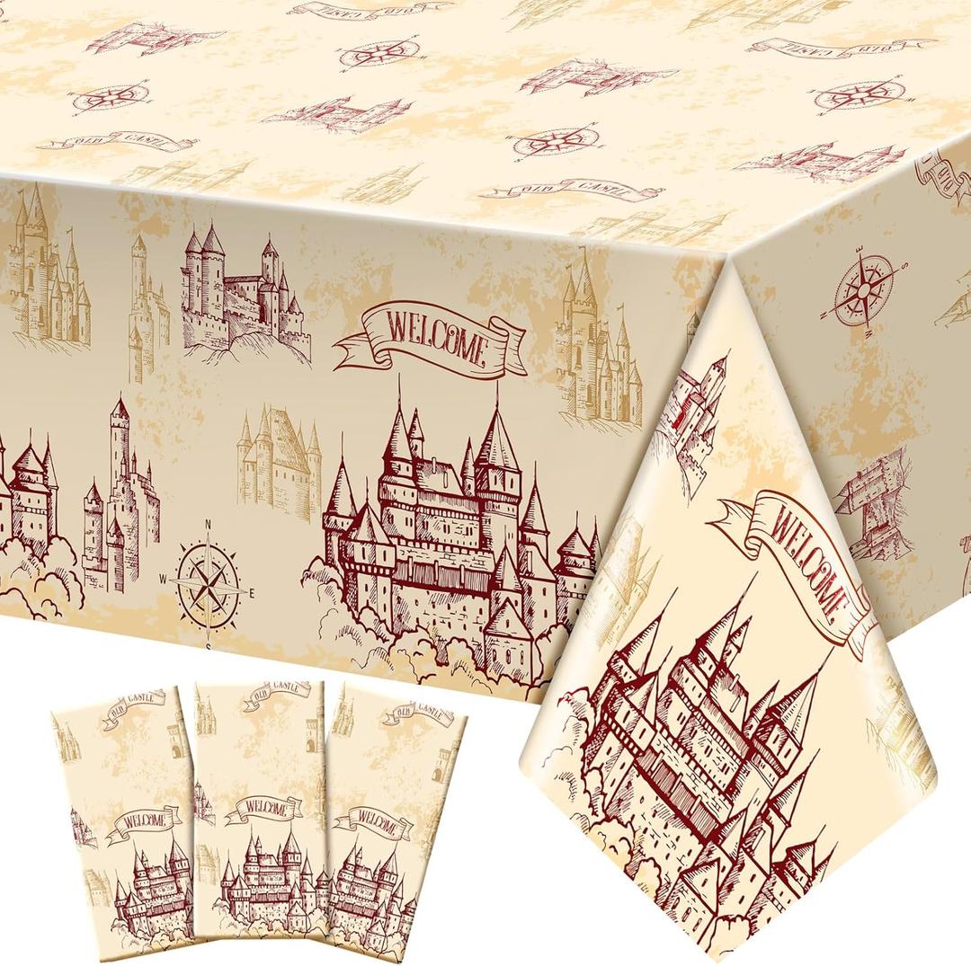 3 Pcs Wizard Tablecloth Decorations Wizard Party Plastic Table Cloth Disposable Vintage Castle Decor for Decoration Halloween Witch Party Supplies