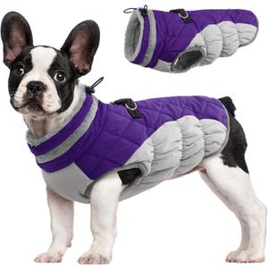 FUAMEY Dog Coat for Small Dogs,Waterproof Dog Winter Jacket with Harness Built in Puppy Cold Weather Coats Reflective Pet Vest with Zipper Warm Fleece Dogs Snowsuit Windproof Purple S