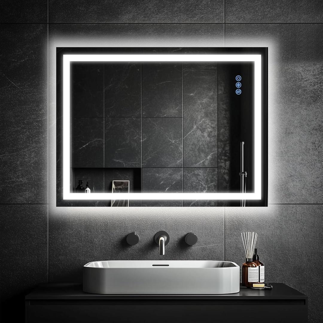 24"x 36" LED Bathroom Mirror with Lights, Anti-Fog, Dimmable, Lighted Bathroom Vanity Mirror with Tempered Glass, Memory Function, 3 Colors, Safe Use (Horizontal/Vertical) (36"L x 24"W, White (3 Light Modes))